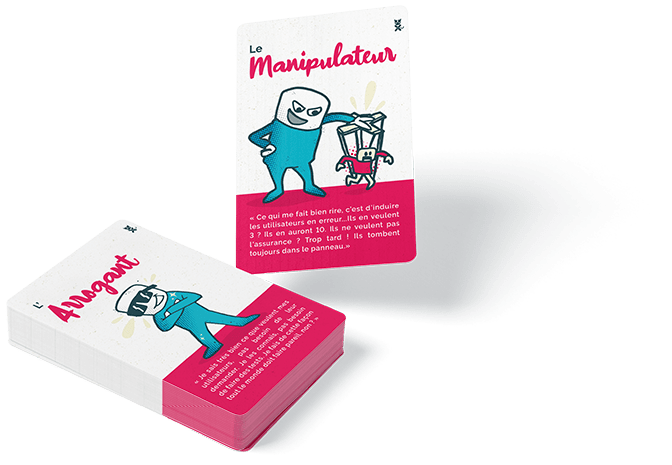 Pile de cartes de dos et une carte du personnage Manipulateur