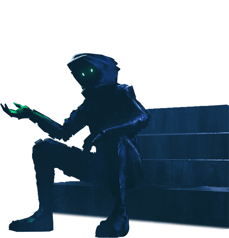 Robot assis sur des marches, le bras tendu